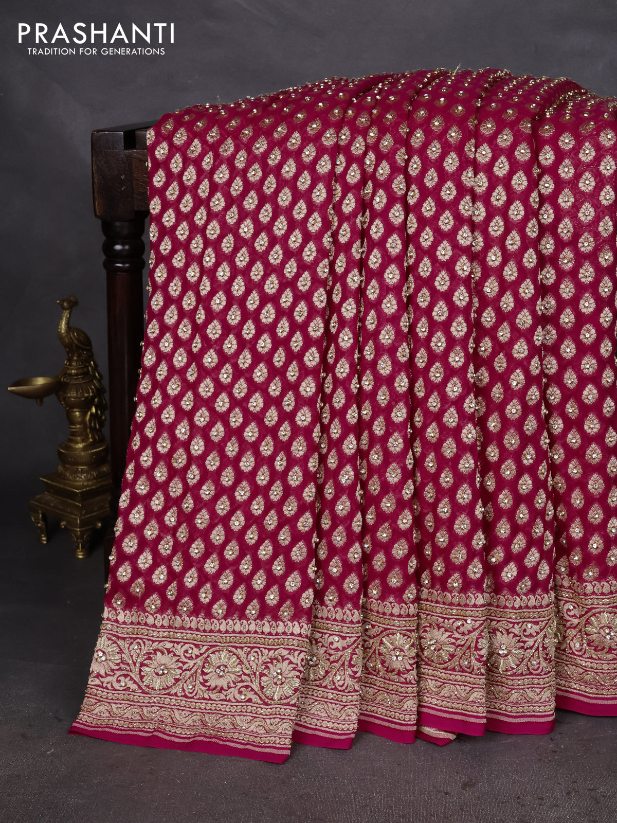 Banarasi georgette saree pink with woven buttas & stone work and zardosi work border