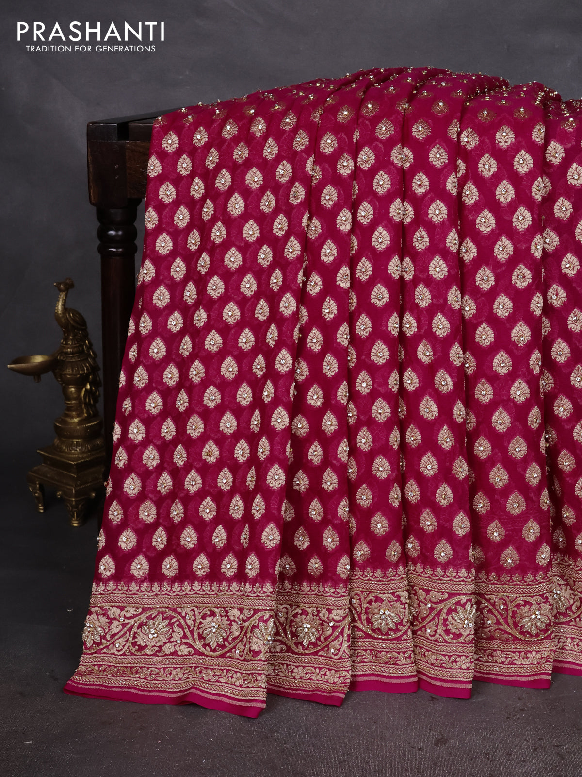 Banarasi georgette saree pink with woven buttas & stone work and zardosi work border
