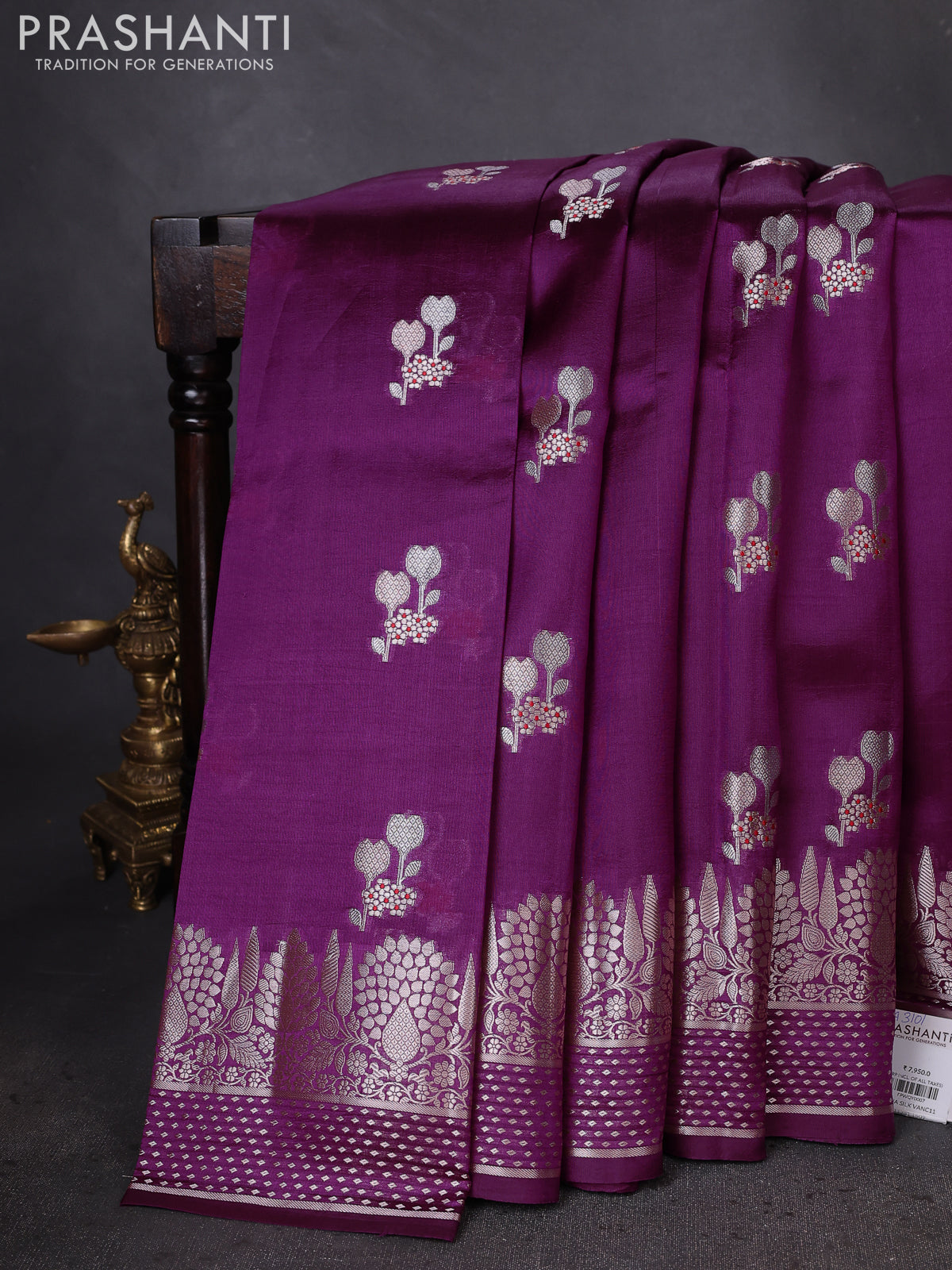 Banarasi poona silk saree purple with zari woven floral buttas and silver zari woven border