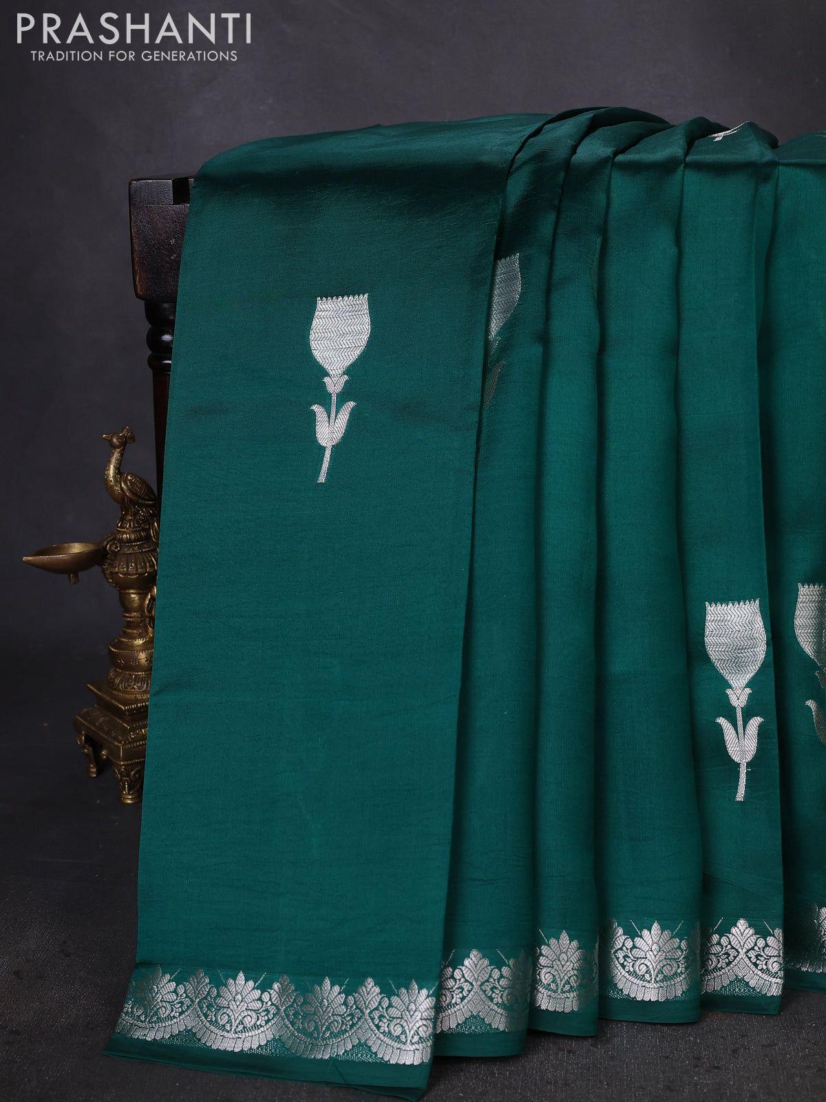 Banarasi poona silk saree teal green with silver zari woven floral buttas and silver zari woven border