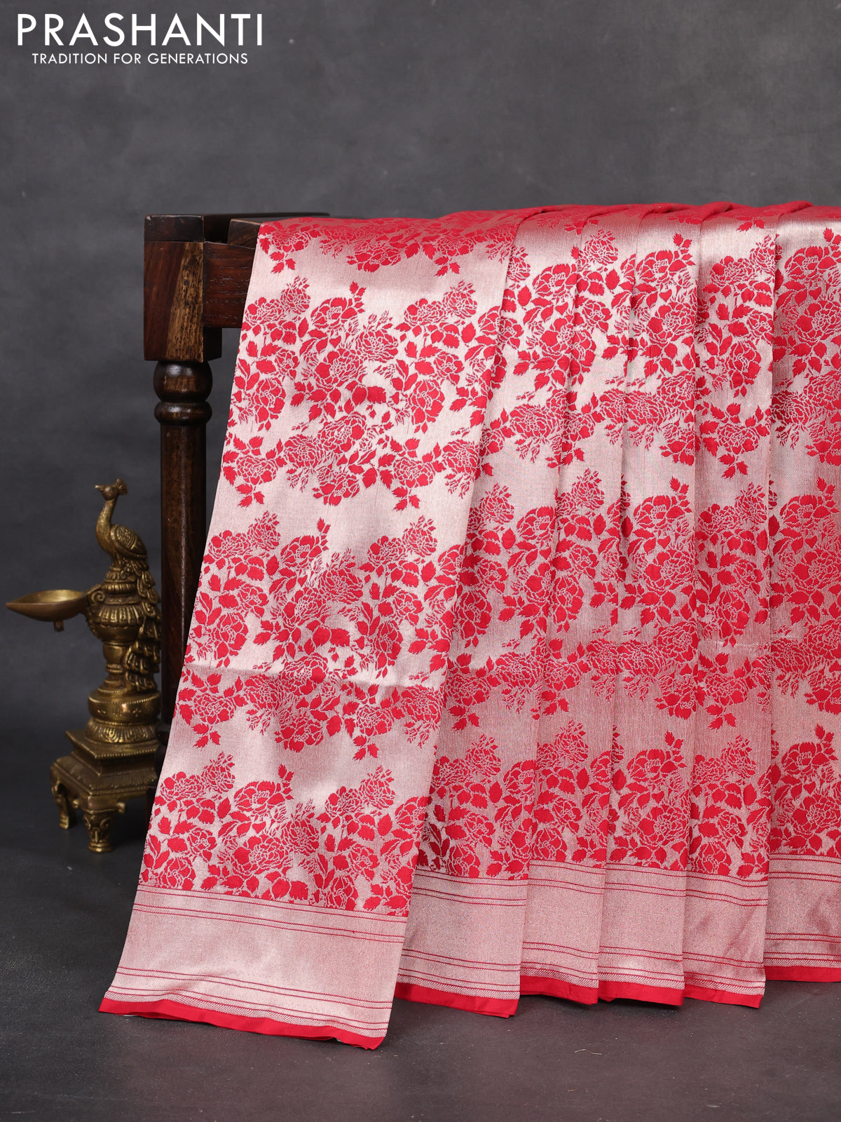 Banarasi uppada tissue silk saree red with allover zari woven brocade weaves and zari woven border