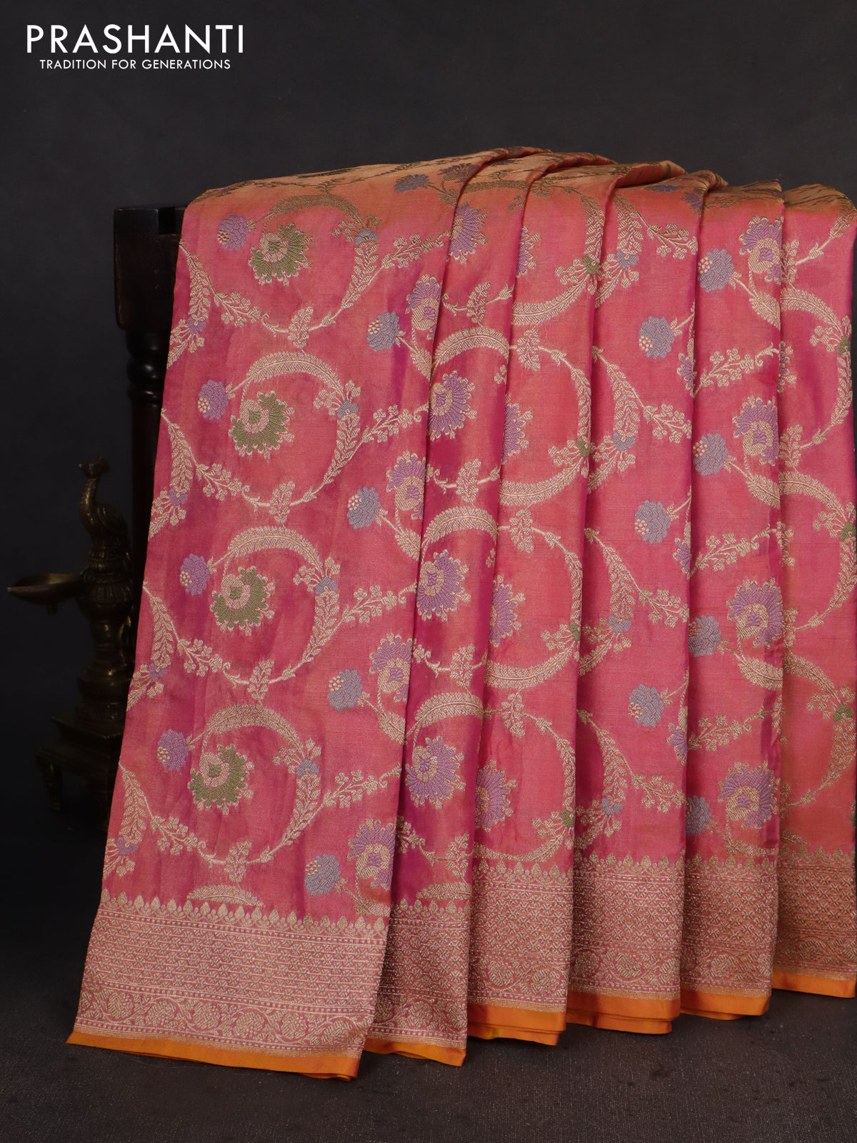 Banarasi tissue silk saree pink and dual shade of pinkish orange with allover zari woven brocade weaves and zari woven border