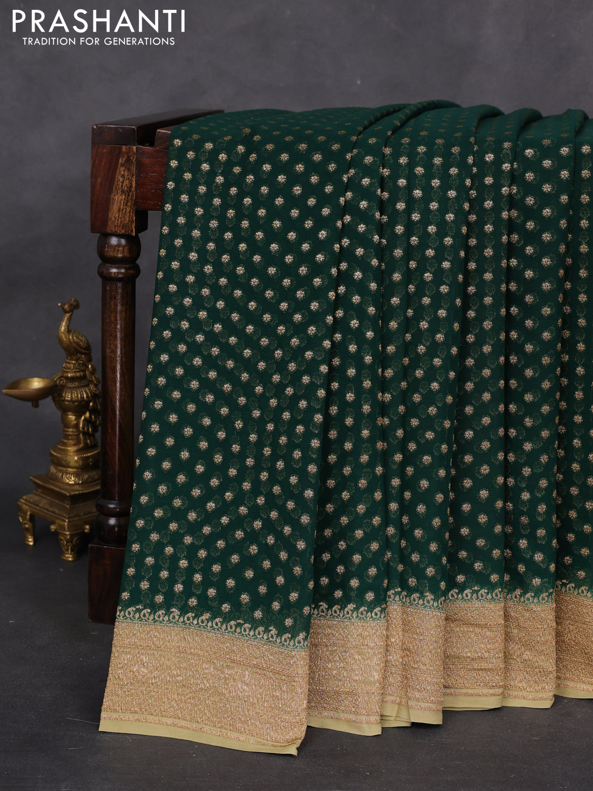 Banarasi georgette saree green and elaichi green with allover woven buttas and woven border