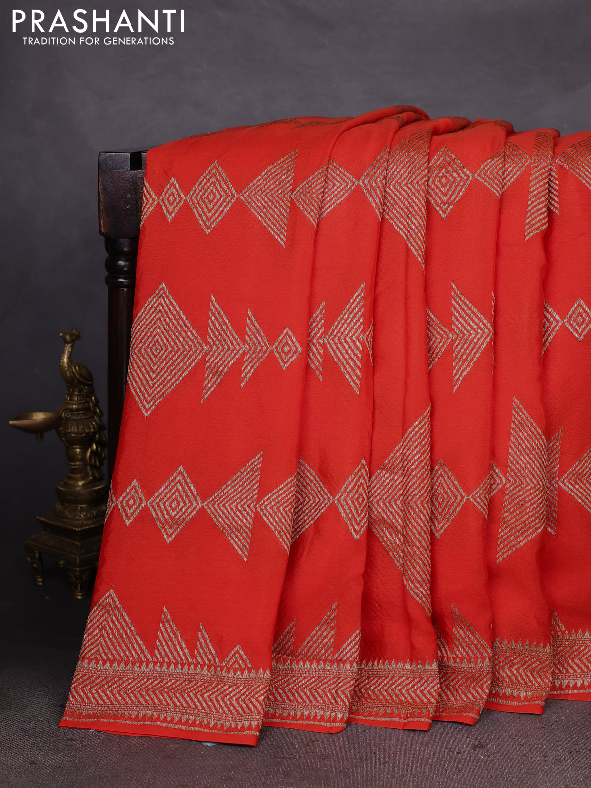 Banarasi crepe saree orange with allover geometric weaves and woven border