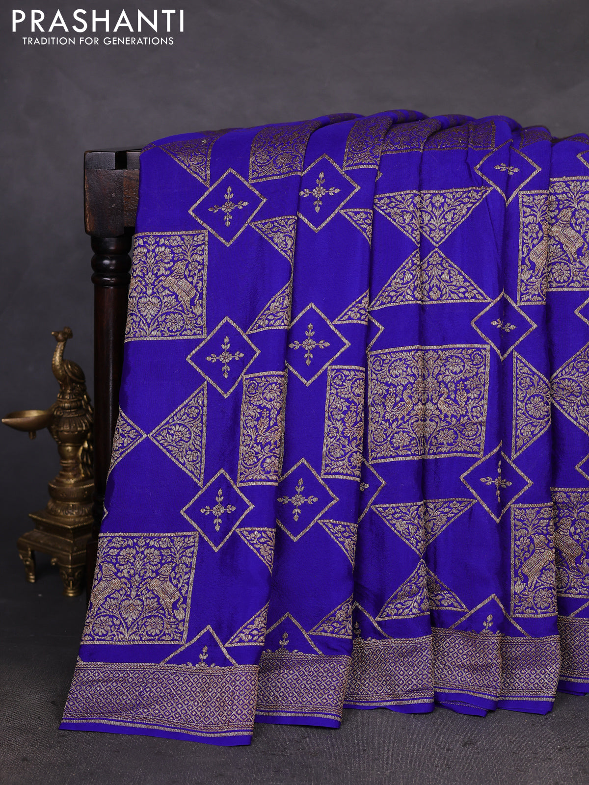 Banarasi crepe saree royal blue with allover geometric weaves and woven border
