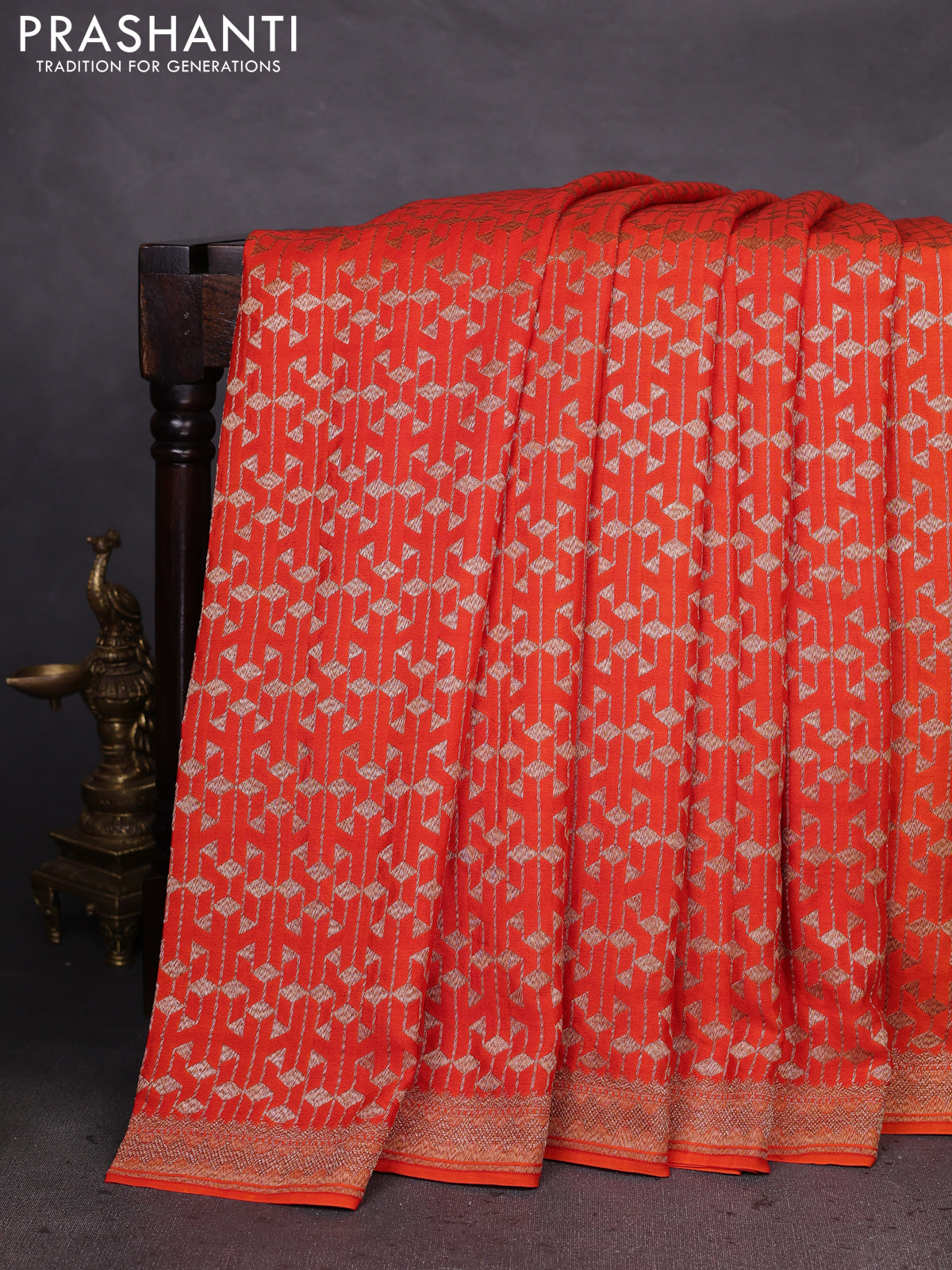 Banarasi crepe saree orange with allover geometric weaves and woven border