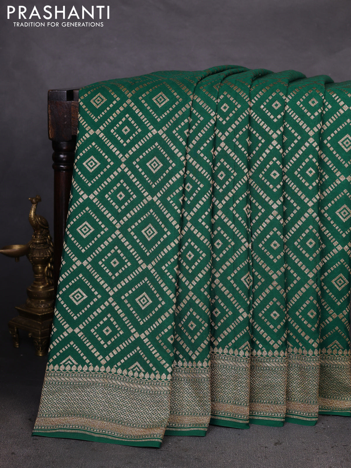 Banarasi crepe saree green with allover geometric weaves and woven border