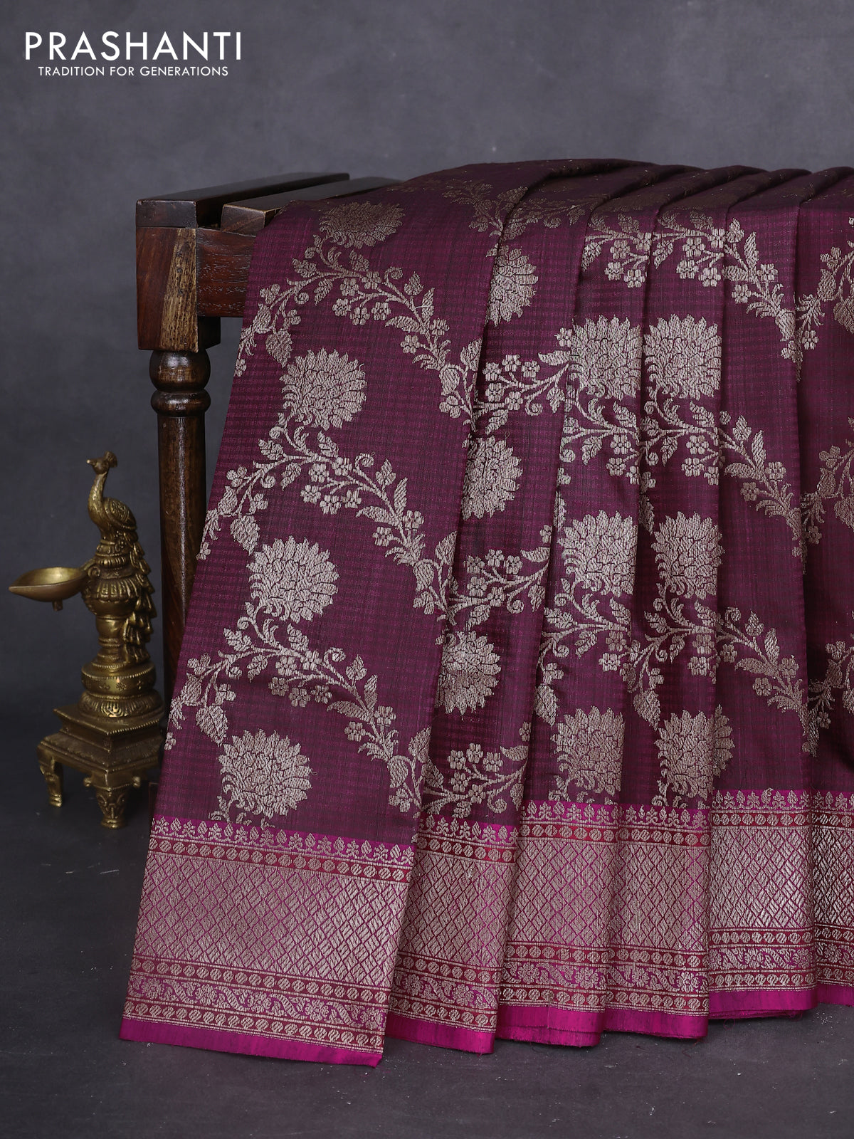 Banarasi dupion silk saree wine shade and magenta pink with allover thread & zari floral weaves and woven border