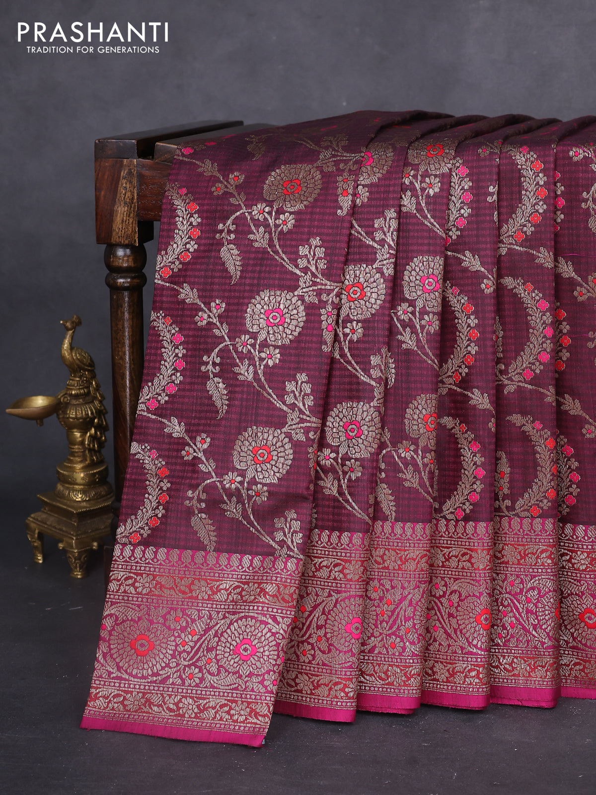 Banarasi dupion silk saree wine shade and magenta pink with allover thread & zari floral weaves and woven border