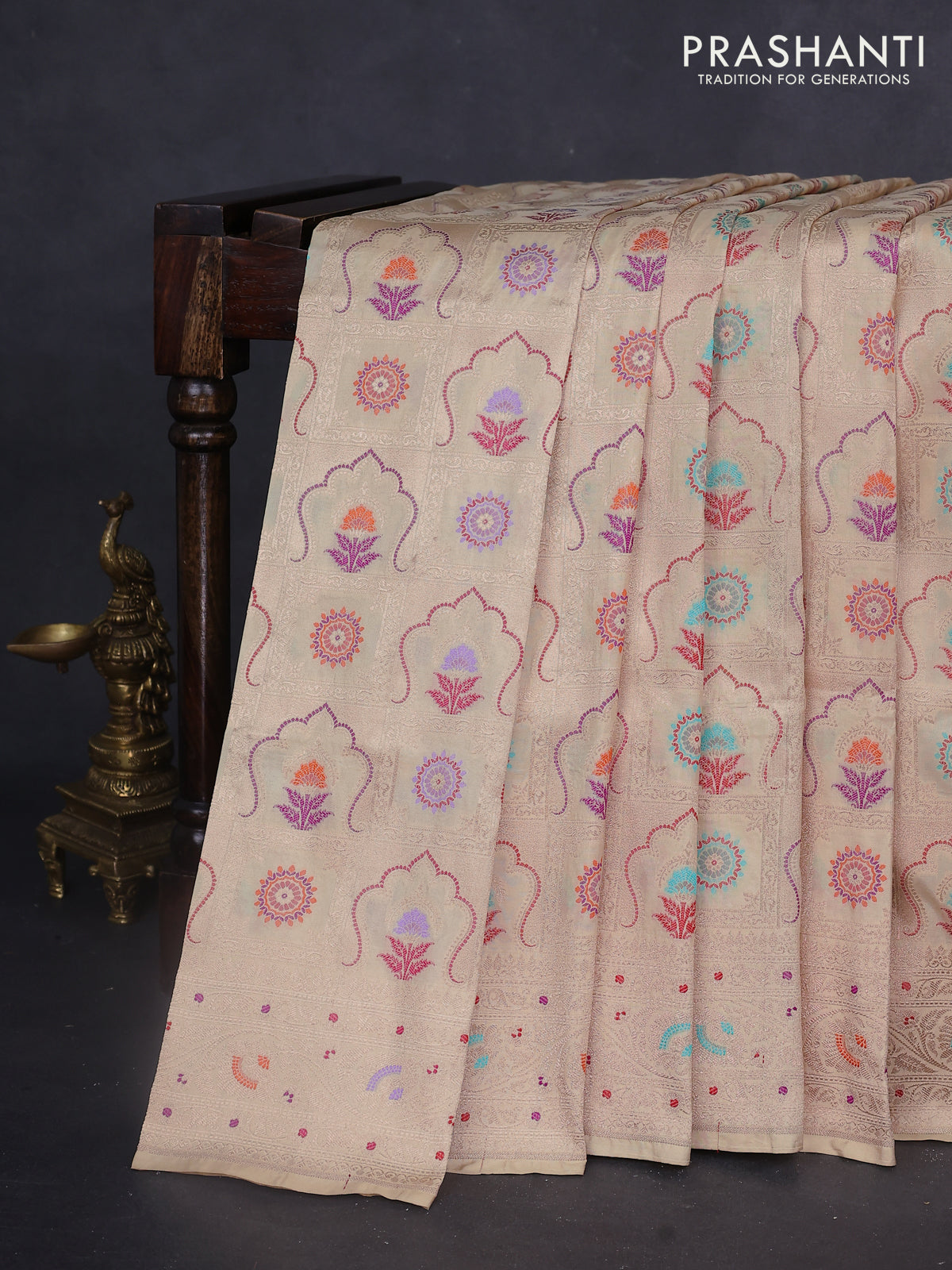 Banarasi uppada silk saree cream with allover zari woven brocade weaves and zari woven border