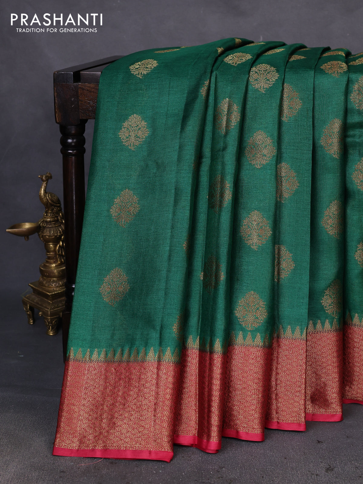 Banarasi tussar silk saree green and maroon with thread & zari woven buttas and woven border