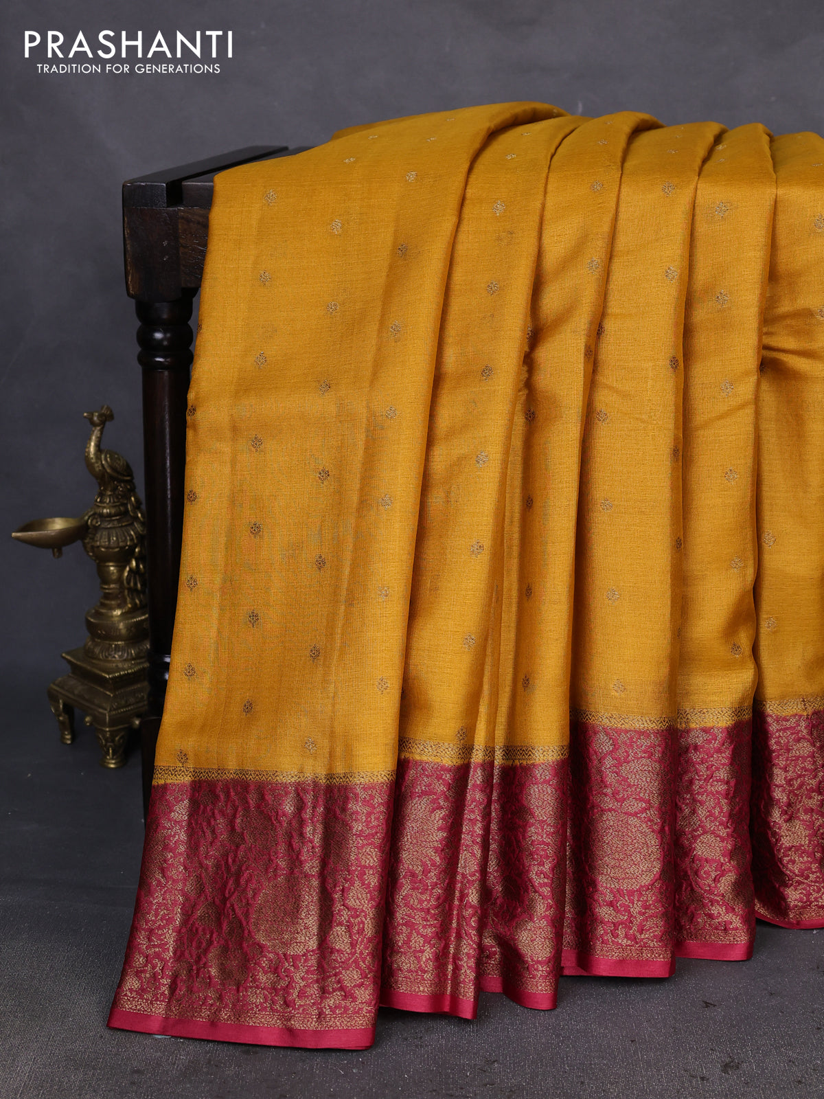 Banarasi tussar silk saree yellow and pink with allover thread & zari woven buttas and woven border