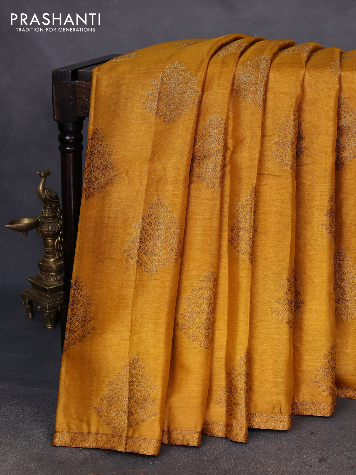 Banarasi tussar silk saree mustard yellow and maroon with thread & zari woven buttas and woven border