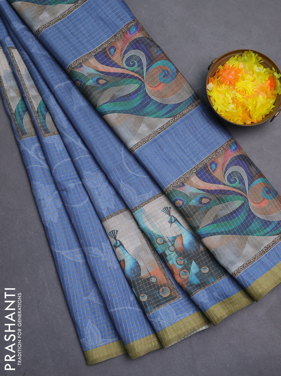 Chappa saree blue shade and mehendi green with allover zari checked pattern & digital prints and printed pallu