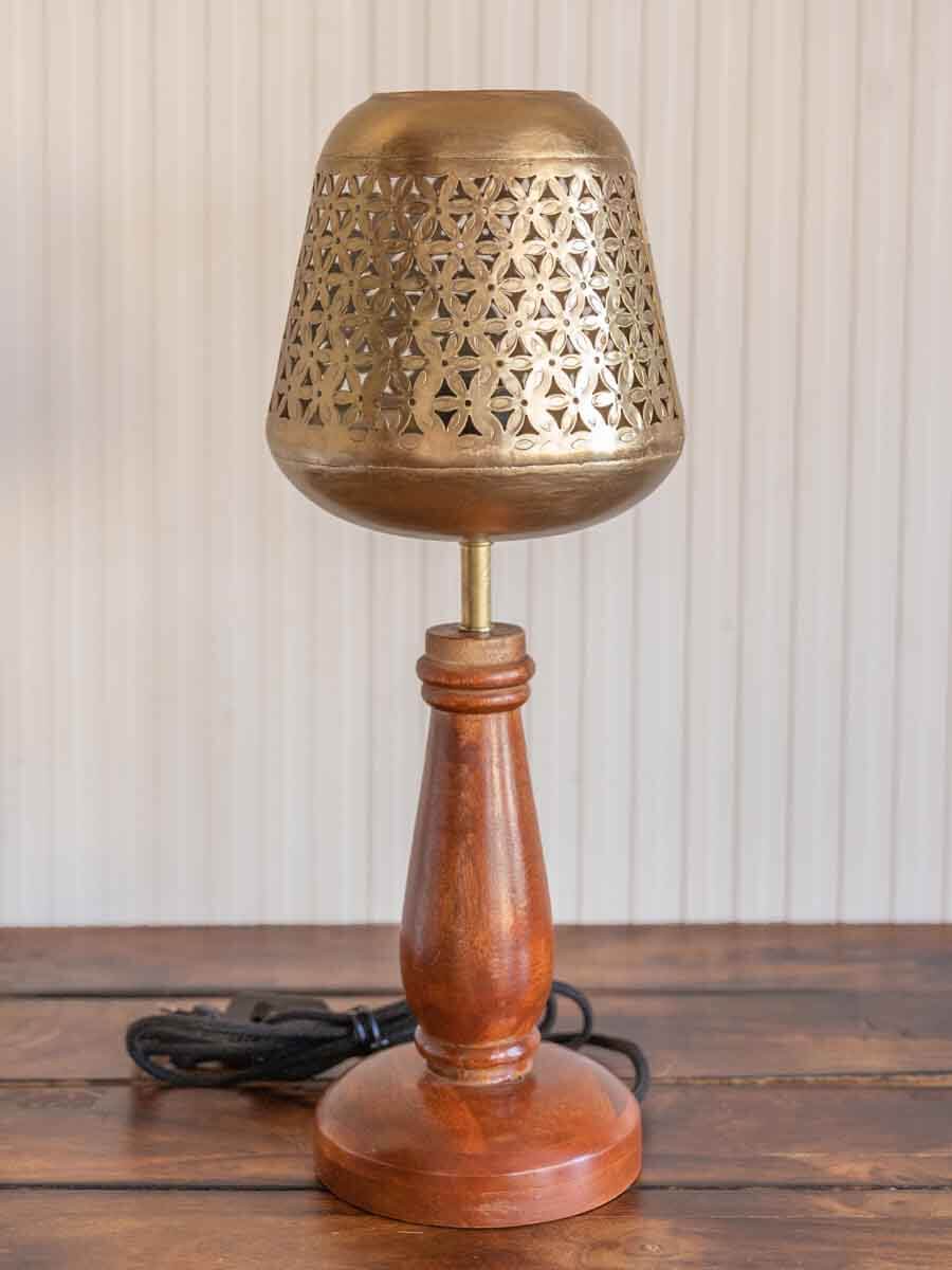Gazal Metal Cutwork Wooden Base Table Lamp