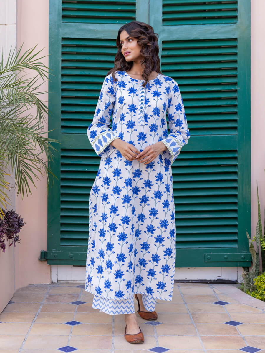 Floral Jaal Block Printed Cotton Long Kurta