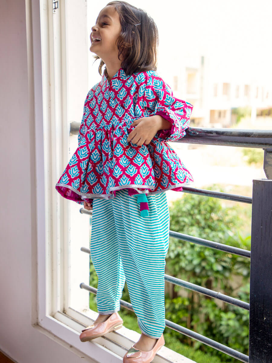 Set of 2 - Gulaabi Block Printed Cotton Angrakha Dhoti