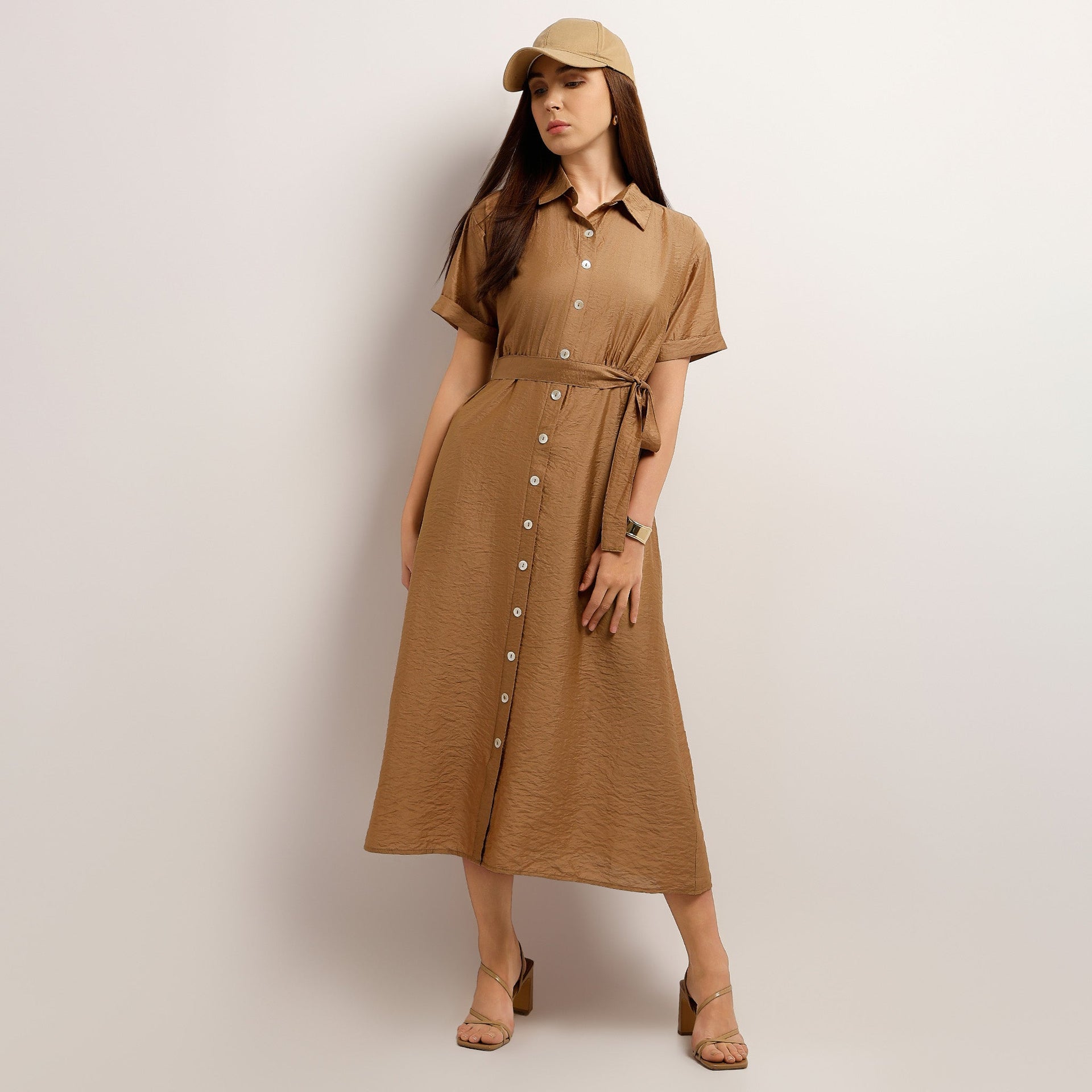 Below Knee Flare Fit Solid Dress