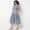 Band Collar Calf Length Elbow Sleeve Flare Fit Printed Tiered Dress