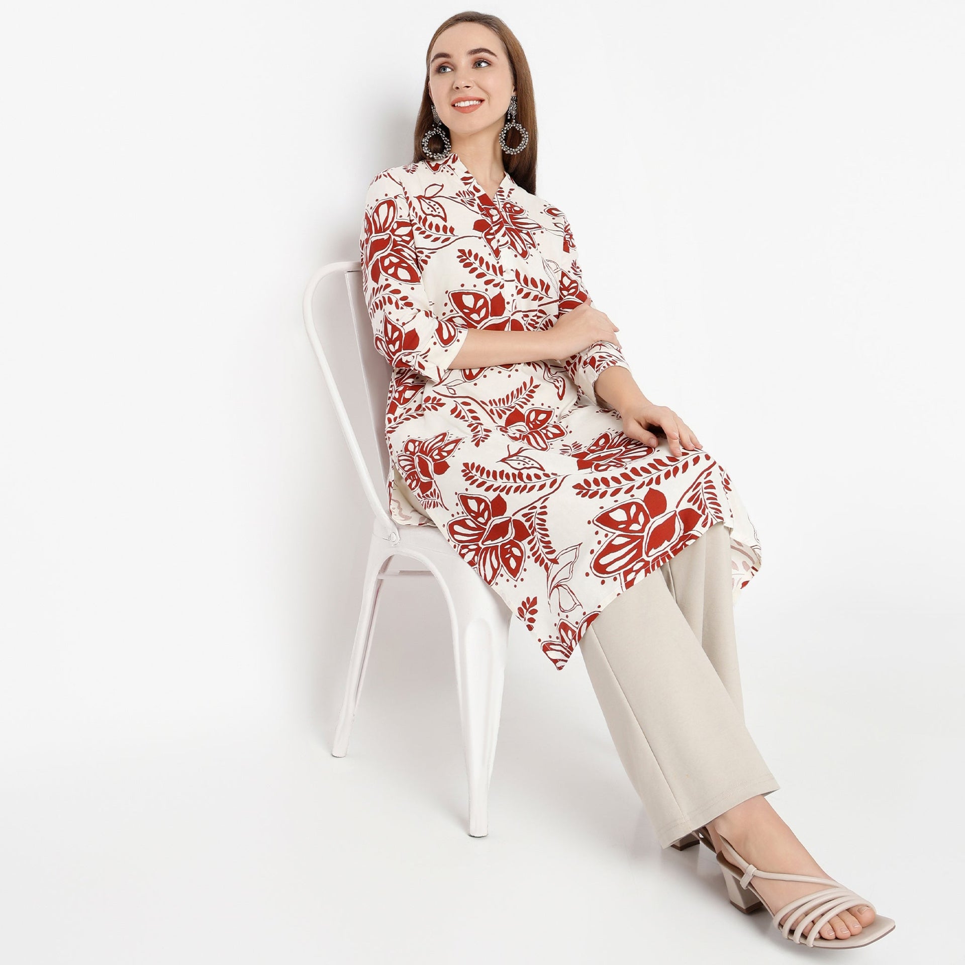 Band Collar Knee Length Three-Fourth Sleeve Printed Kurta