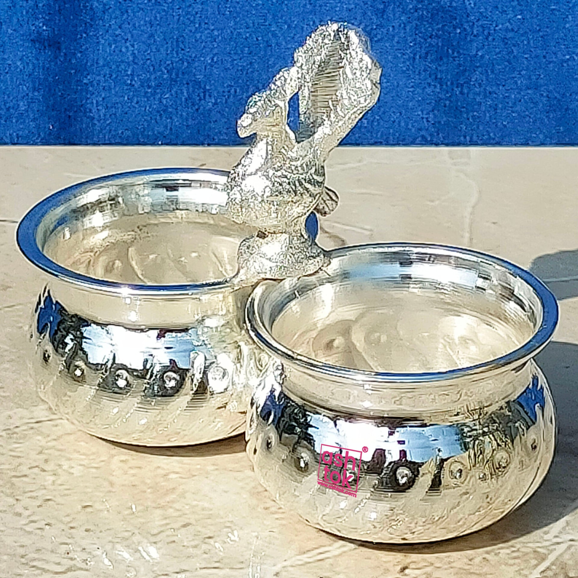 German Silver Chopala Haldi Kumkum Holder 2 Bowls Attached (Pack of 2 Pcs)