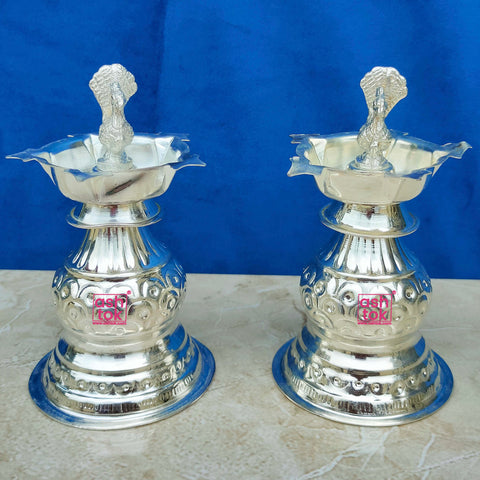 German Silver Peacock Diya, Oil Lamp, Puja Diya, Mandir Diya (Pack of 2 Pcs)