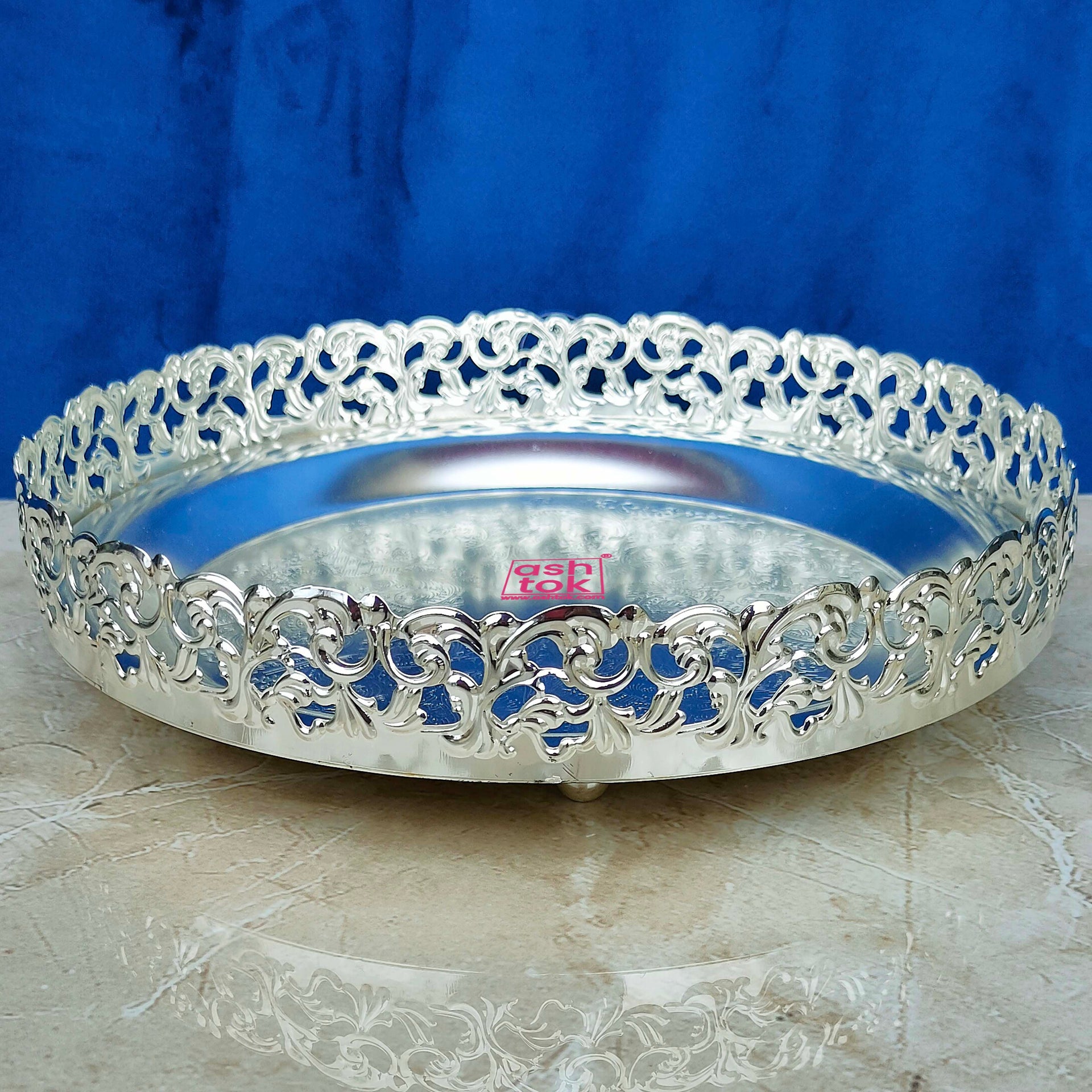 German Silver Tray with Round Shape, Puja Decorative Tray