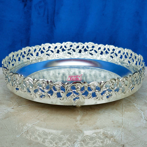 German Silver Tray with Round Shape, Puja Decorative Tray