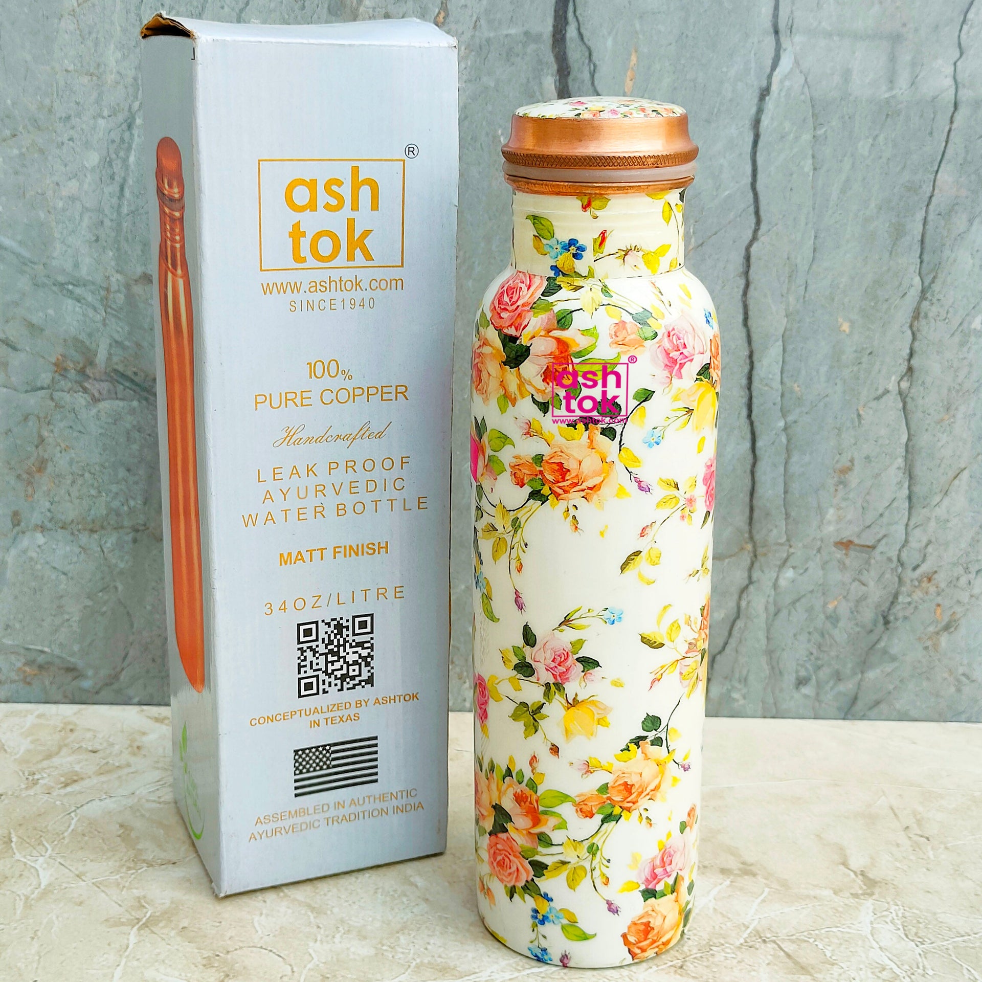 Pure Copper Printed Water Bottle with White Floral Printed Design, Capacity - 1000 ml