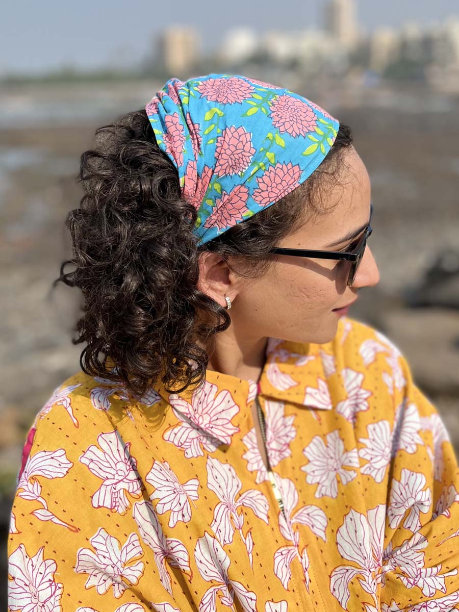 Floral Turquoise Block Printed Cotton Hair Band
