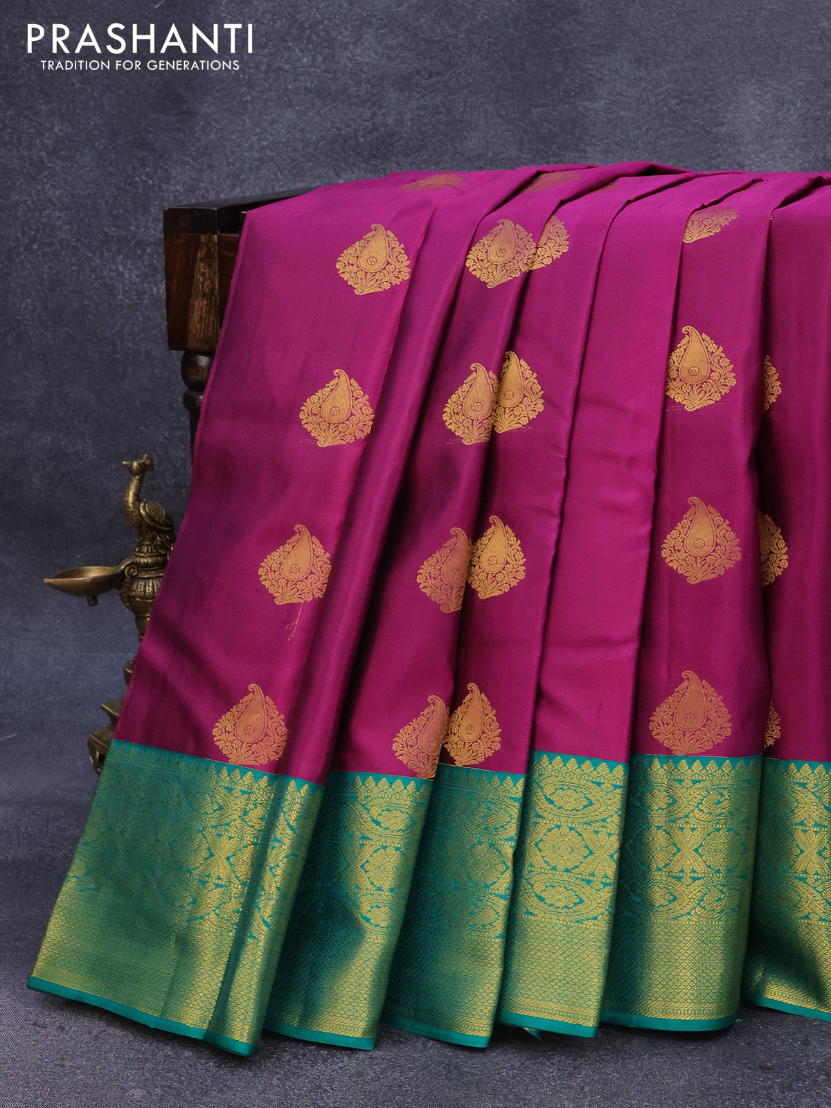 Pure kanjivaram silk saree magenta pink and green with zari woven buttas and zari woven korvai border