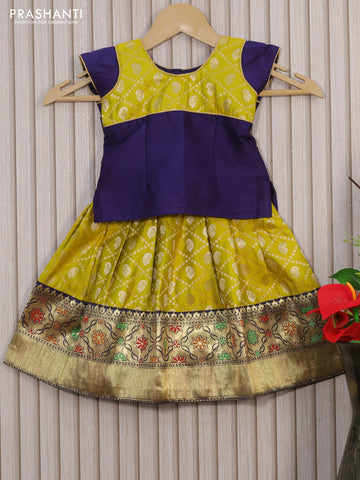 Banarasi kids lehenga navy blue and yellow with patch work neck pattern and zari weaves & zari border for 0-6 months