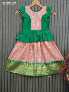 Banarasi kids lehenga green and mild peach orange with patch work neck pattern and silver zari floral weaves & temple zari border for 3 years