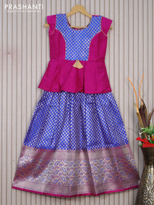 Banarasi kids lehenga purple and blue with patch work neck pattern and zari woven buttas & long paisley zari border for 9 years