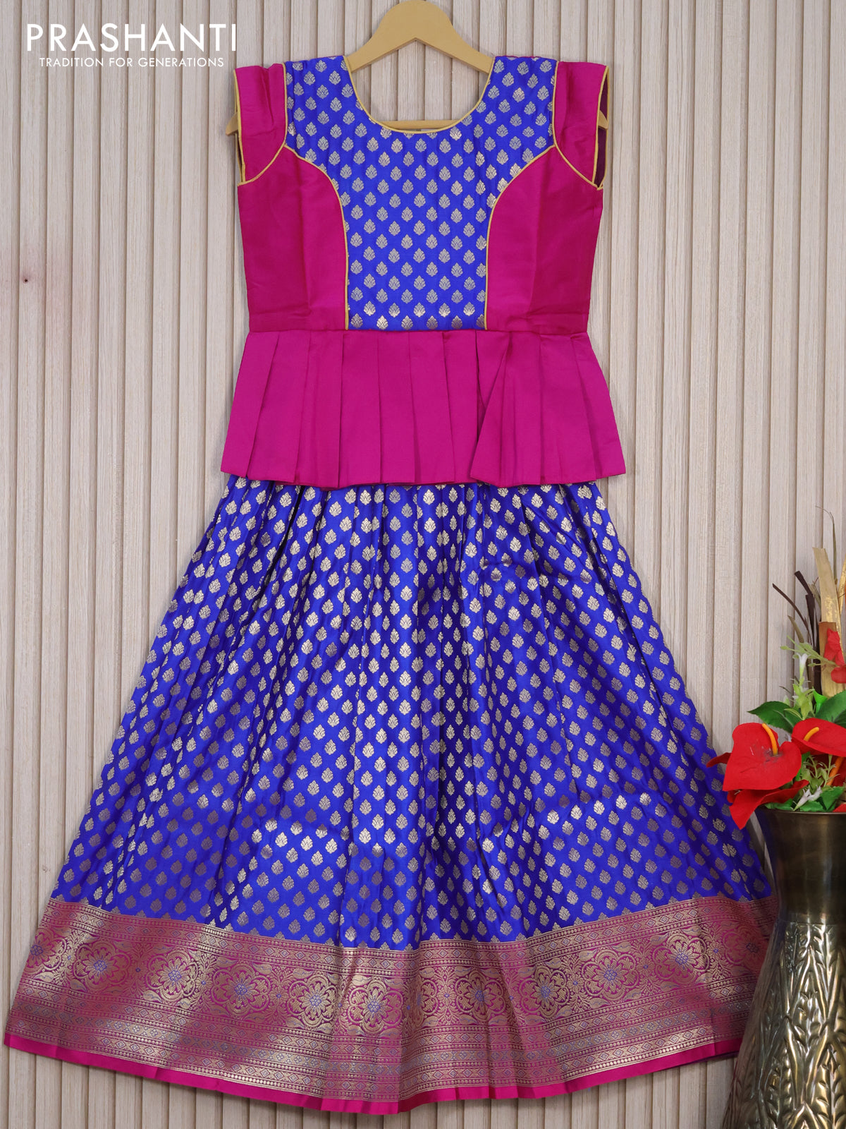 Banarasi kids lehenga magenta pink and blue with patch work neck pattern and zari woven buttas & long zari border for 10 years