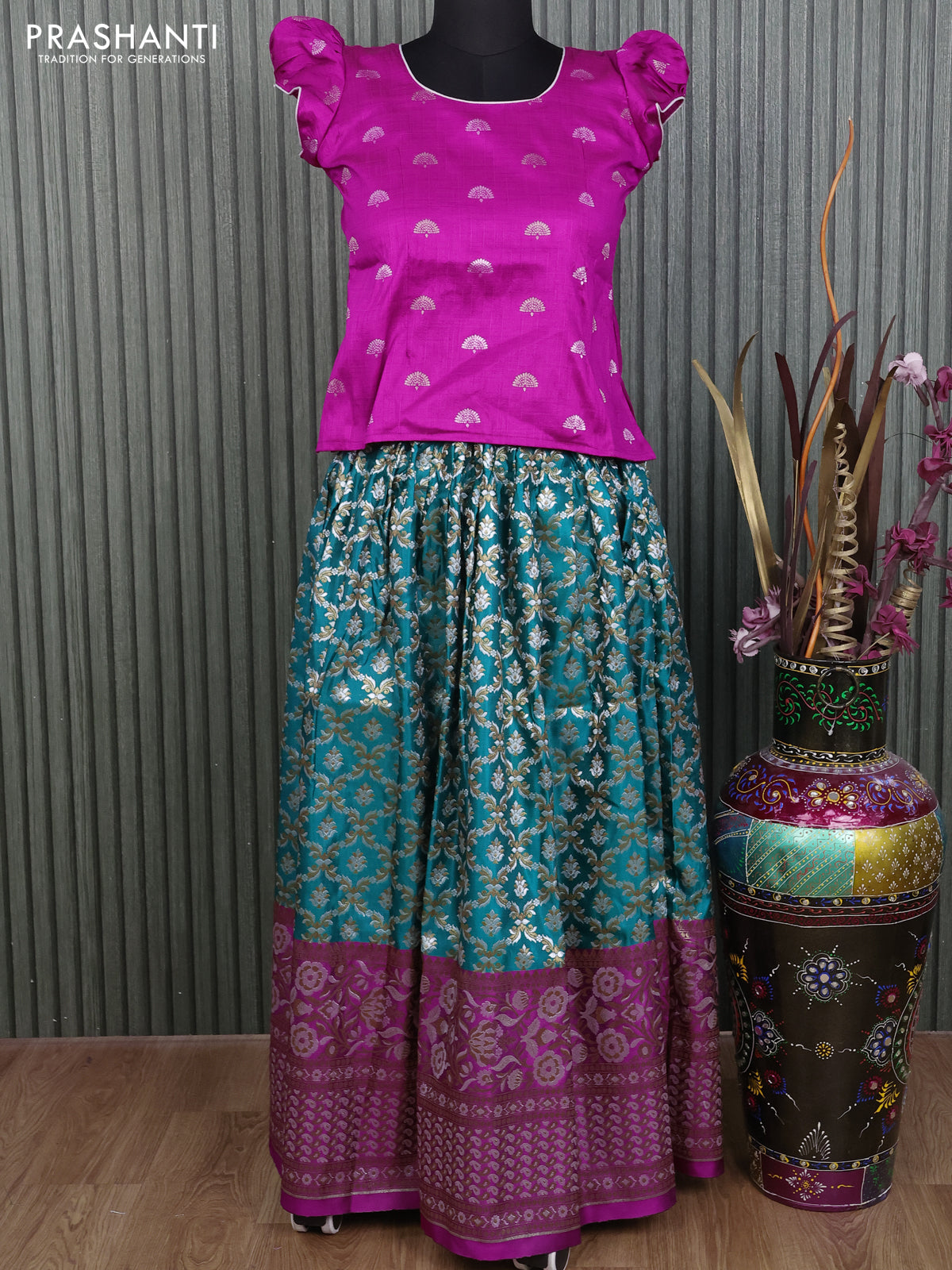 Banarasi kids lehenga pink and teal green shade with patch work neck pattern and zari weaves & long zari border for 11 years