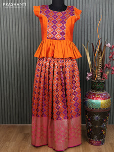 Banarasi kids lehenga orange and pink with patch work neck pattern and zari woven buttas & long zari border for 11 years