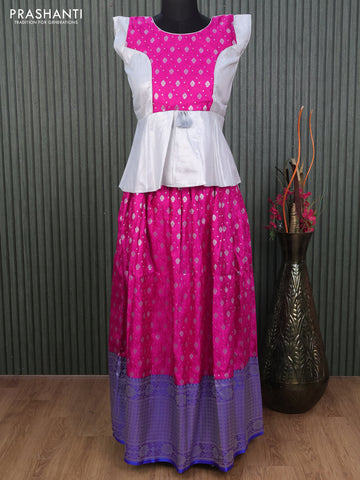 Banarasi kids lehenga off white and magenta pink blue with patch work neck pattern and thread zari weaves & long silver zari border for 12 years