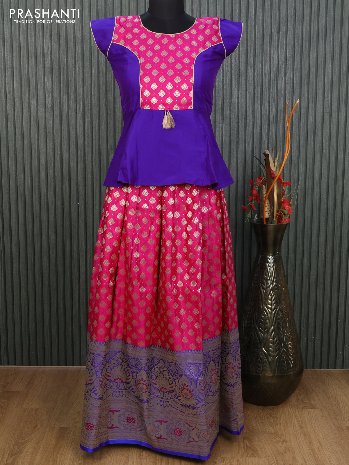 Banarasi kids lehenga violet shade and pink with patch work neck pattern and thread zari weaves & long silver zari border for 12 years