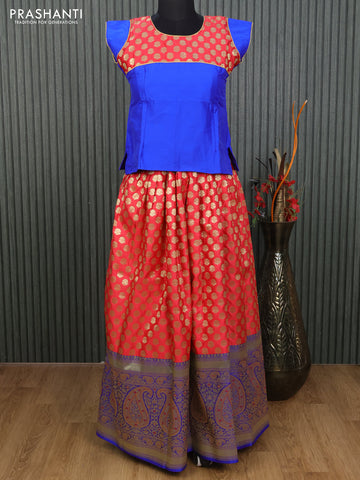 Banarasi kids lehenga blue and red with patch work neck pattern and zari woven buttas & long zari border for 12 years