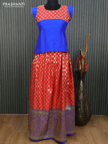 Banarasi kids lehenga blue and red with patch work neck pattern and zari woven buttas & long zari woven border for 13 years