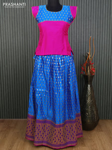 Banarasi kids lehenga pink and cs blue with patch work neck pattern and zari woven buttas & long zari woven border for 13 years