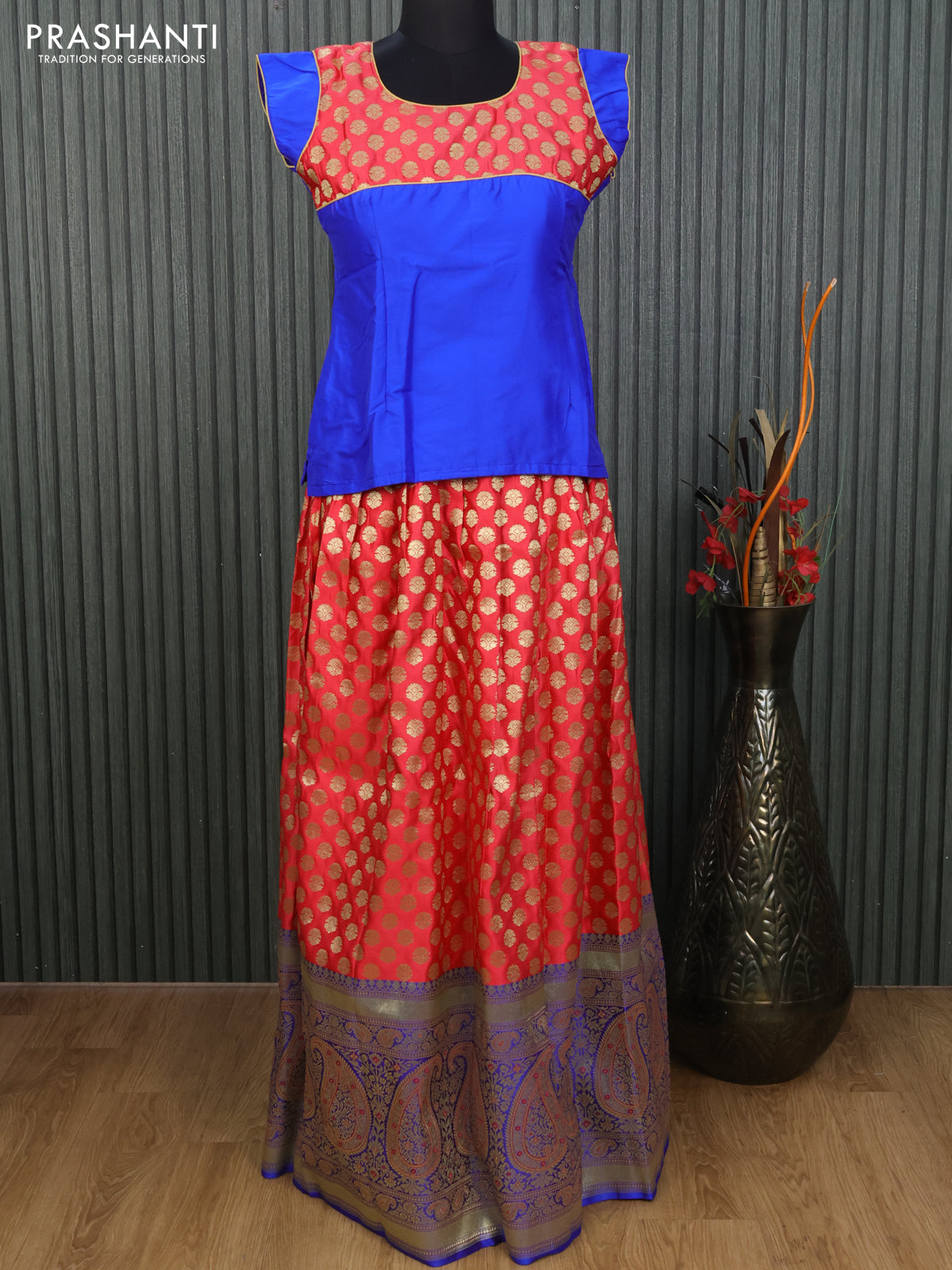 Banarasi kids lehenga blue and red with patch work neck pattern and zari woven buttas & long zari woven border for 14 years