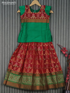 Banarasi kids lehenga green and maroon with patch work neck pattern and thread woven ikat weaves & woven border for 7 years