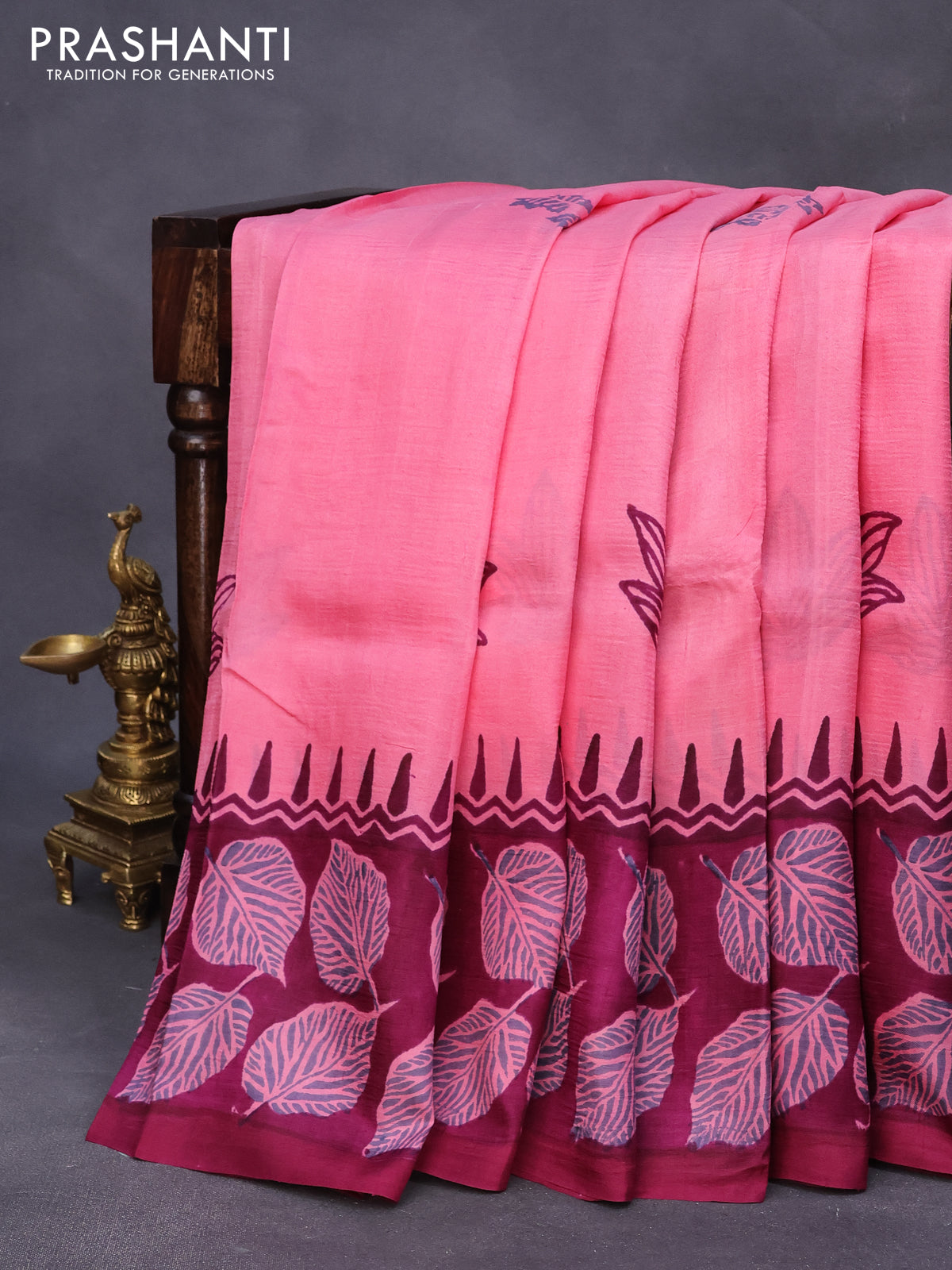 Bishnupuri silk saree pastel pink and deep purple with butta prints and printed border