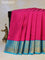 Pure kanjivaram silk saree pink and teal blue with allover checked pattern & buttas and annam zari woven korvai border