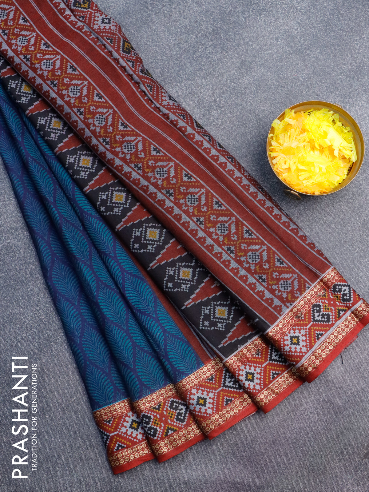 Muslin cotton saree dark blue teal green and maroon with allover prints and patola printed border