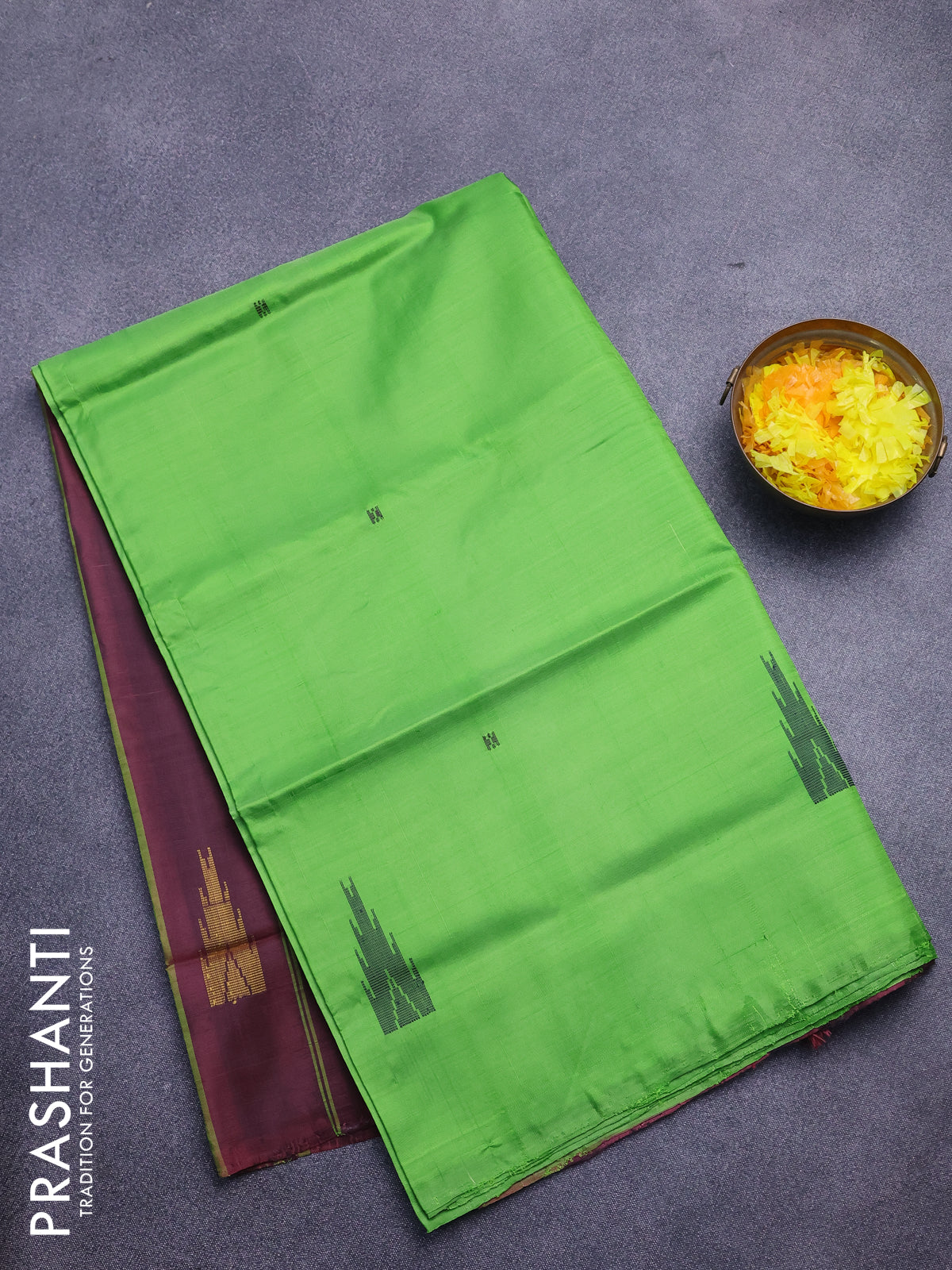 Banana pith saree light green and deep maroon with thread woven buttas in borderless style