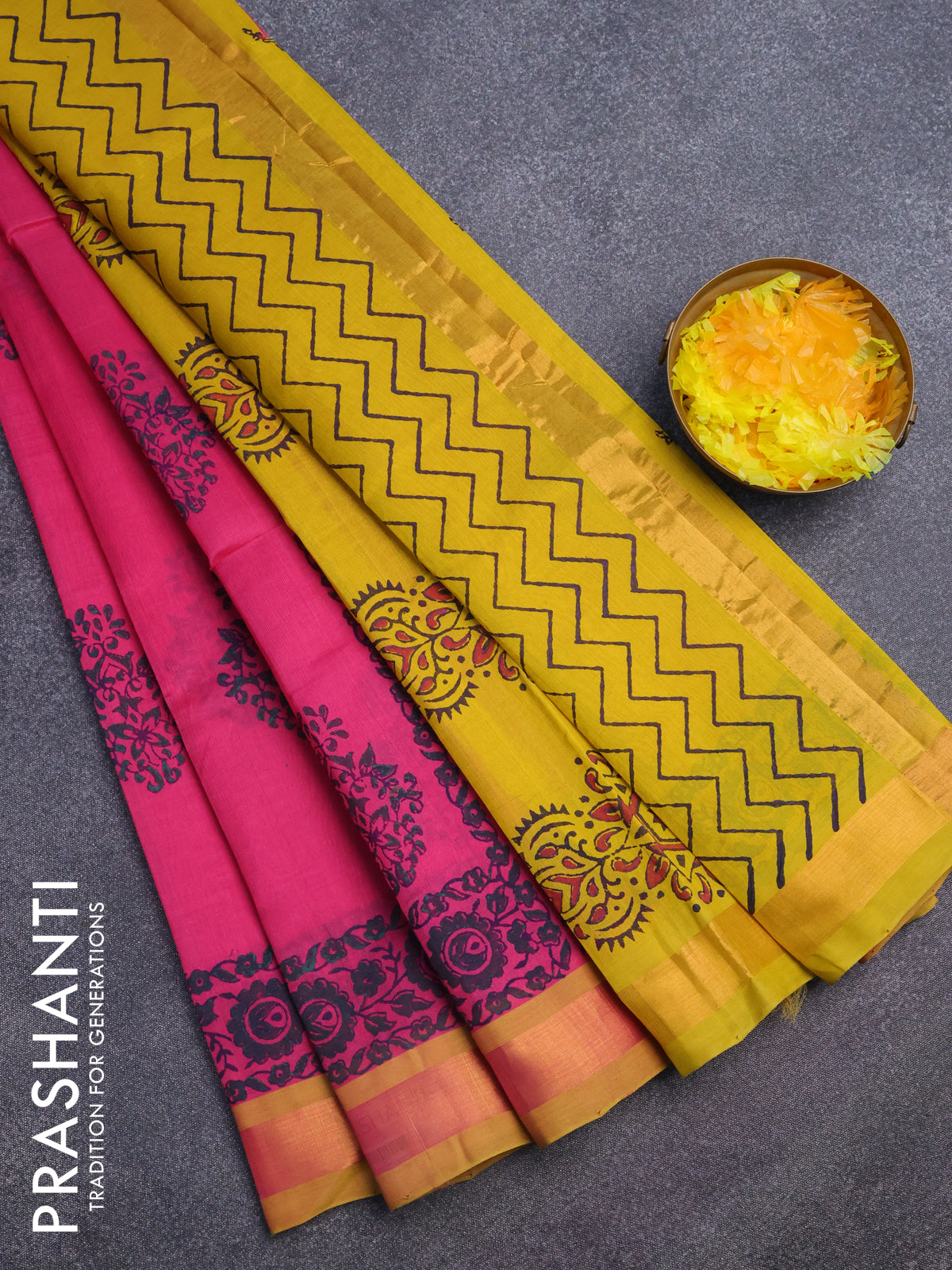 Silk cotton block printed saree pink and mustard yellow with butta prints and zari woven border