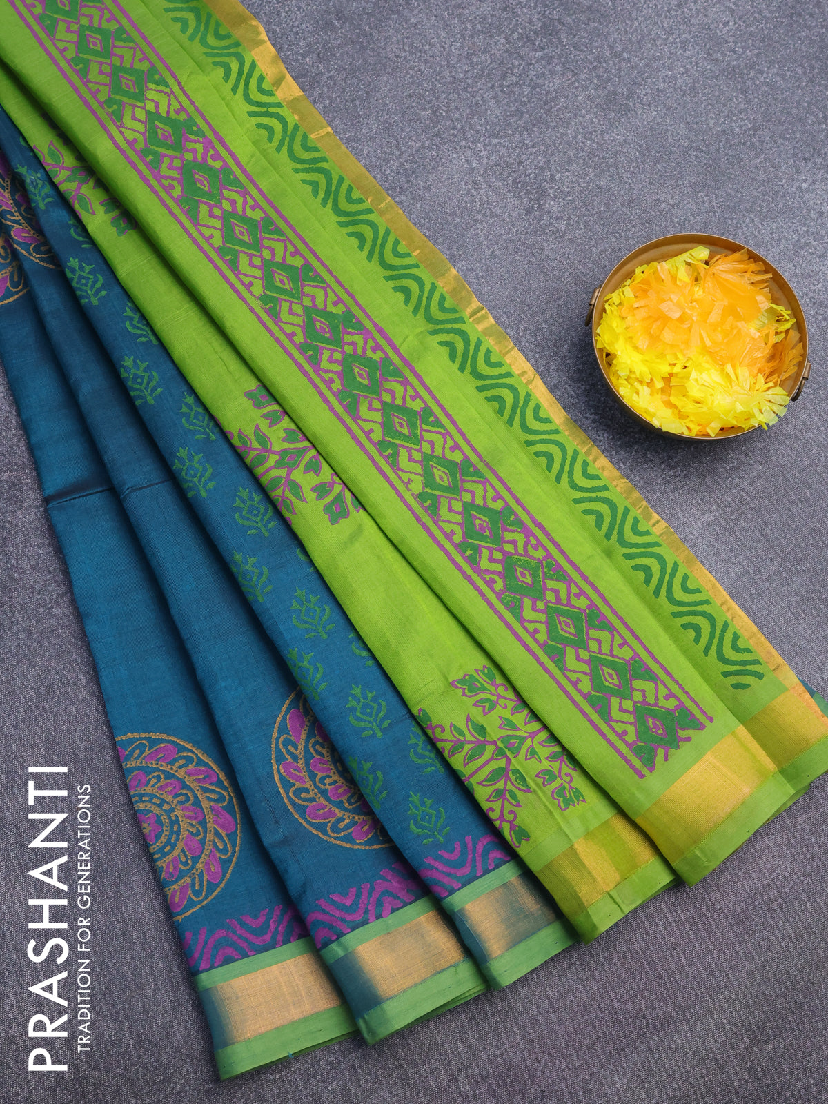 Silk cotton block printed saree peacock green and light green with butta prints and zari woven border